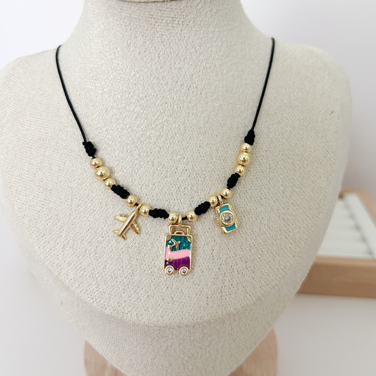 black cord necklace with colorful charms, trendy charm necklace for women, boho gold necklace aesthetic, evil eye jewelry necklace, everyday statement necklace
