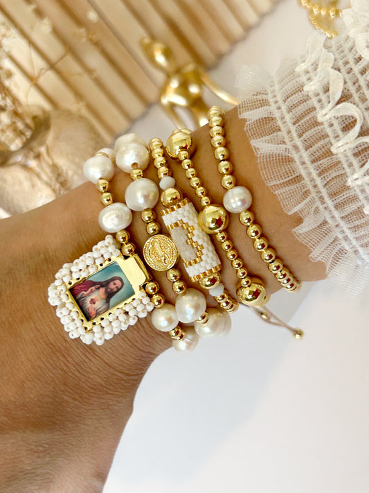 Felicia Bracelet Stack – Gold & Pearl Faith Jewelry Gift