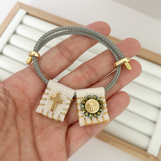 Saint Benedict bracelet, gray string bracelet with gold charms, waterproof protection jewelry, minimalist religious bracelet, everyday spiritual bracelet