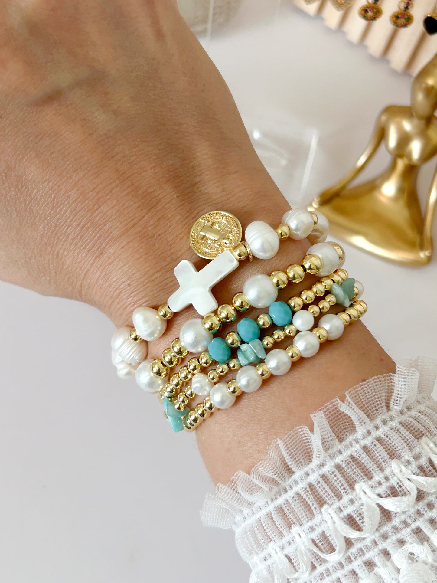 Heaven Glow Bracelet Stack – Faith Gold Beads Everyday Gift