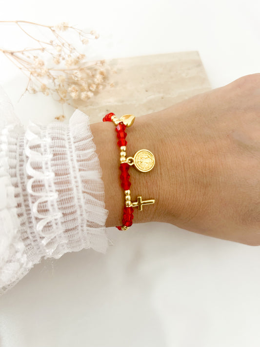 Red San Benito bracelet with crystal beads, cross charm, and heart charm