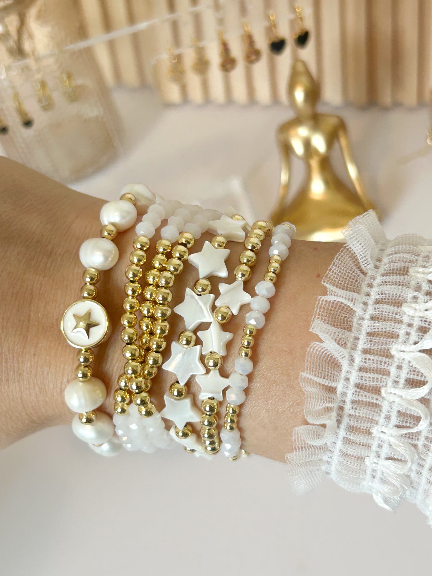 Gloria Star Bracelet Stack – White Gold Beads Everyday Gift