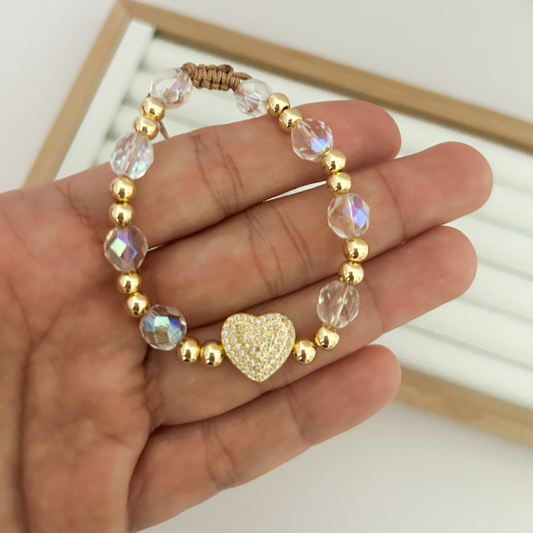 gold and crystal beaded bracelet, heart charm bracelet women, waterproof gold bracelet, everyday jewelry bracelet, chic gold accessory