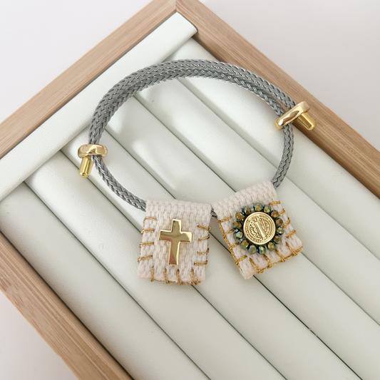 San Benito bracelet with evil eye charm, protection bracelet for women, gold and gray beaded bracelet, spiritual jewelry aesthetic, trendy lucky bracelet