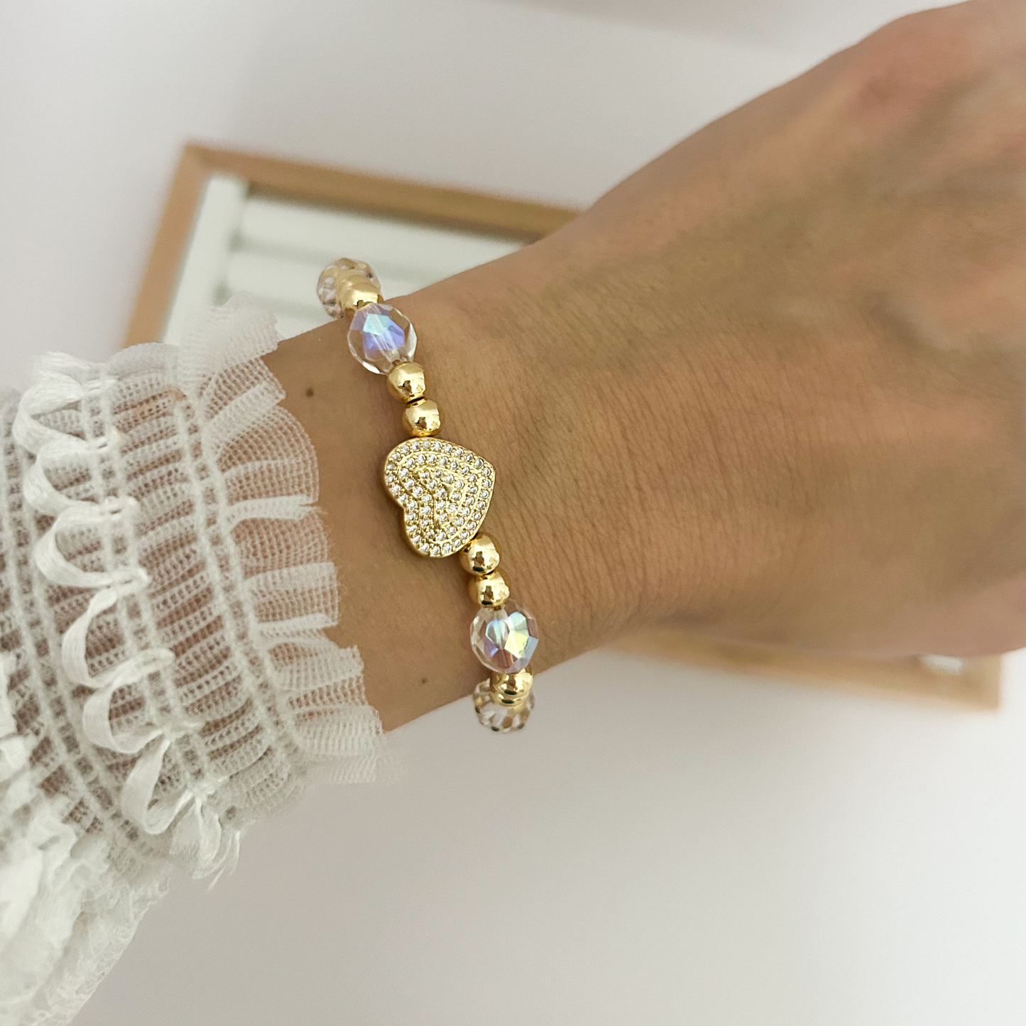 minimalist heart bracelet, pastel crystal bracelet aesthetic, stackable gold bracelet, stylish charm bracelet gift, modern dainty jewelry women