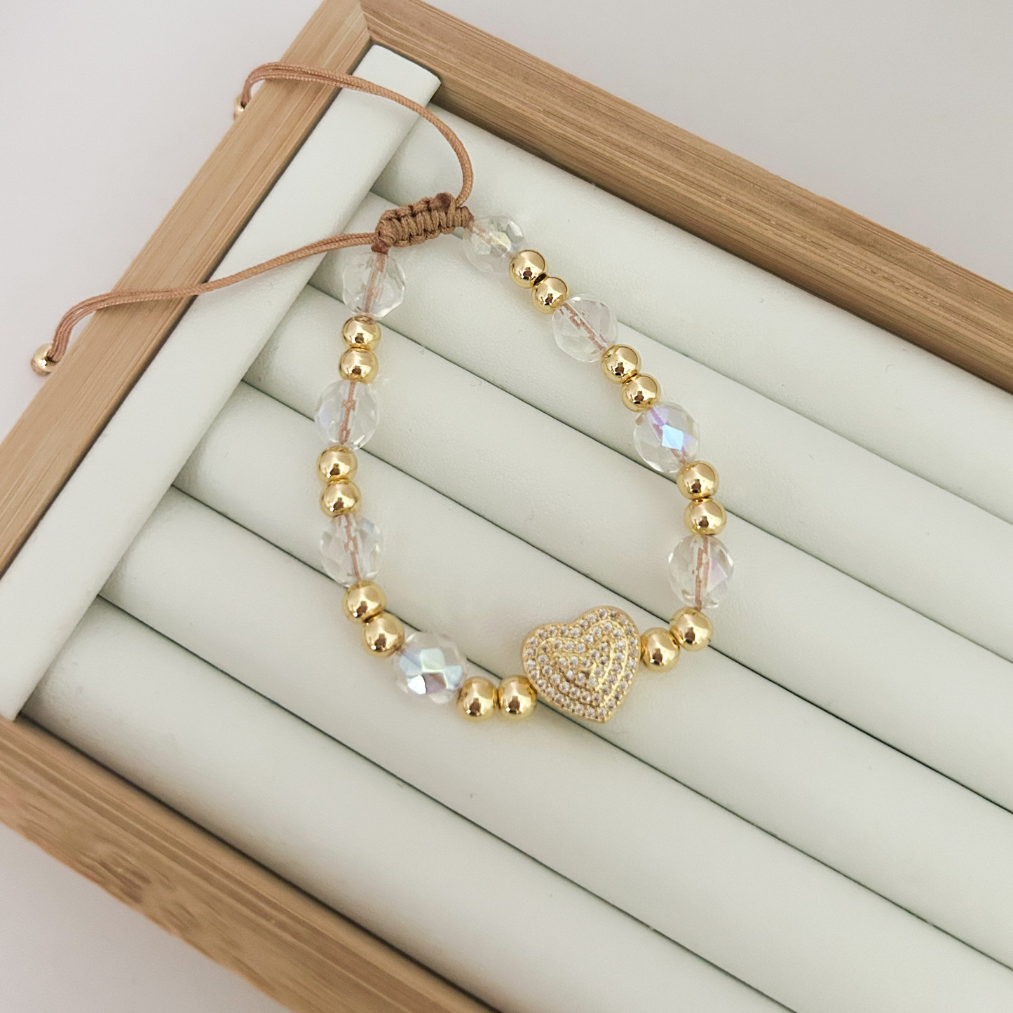 gold heart bracelet with iridescent beads, trendy gold bracelet for women, colorful crystal bracelet, elegant heart charm jewelry, dainty gold bracelet aesthetic