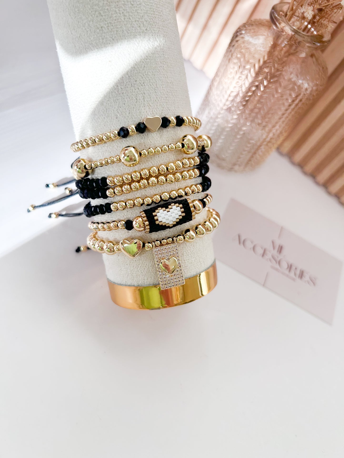 Black & Gold Heart Bracelet Stack – Elegant Everyday Gift for Her