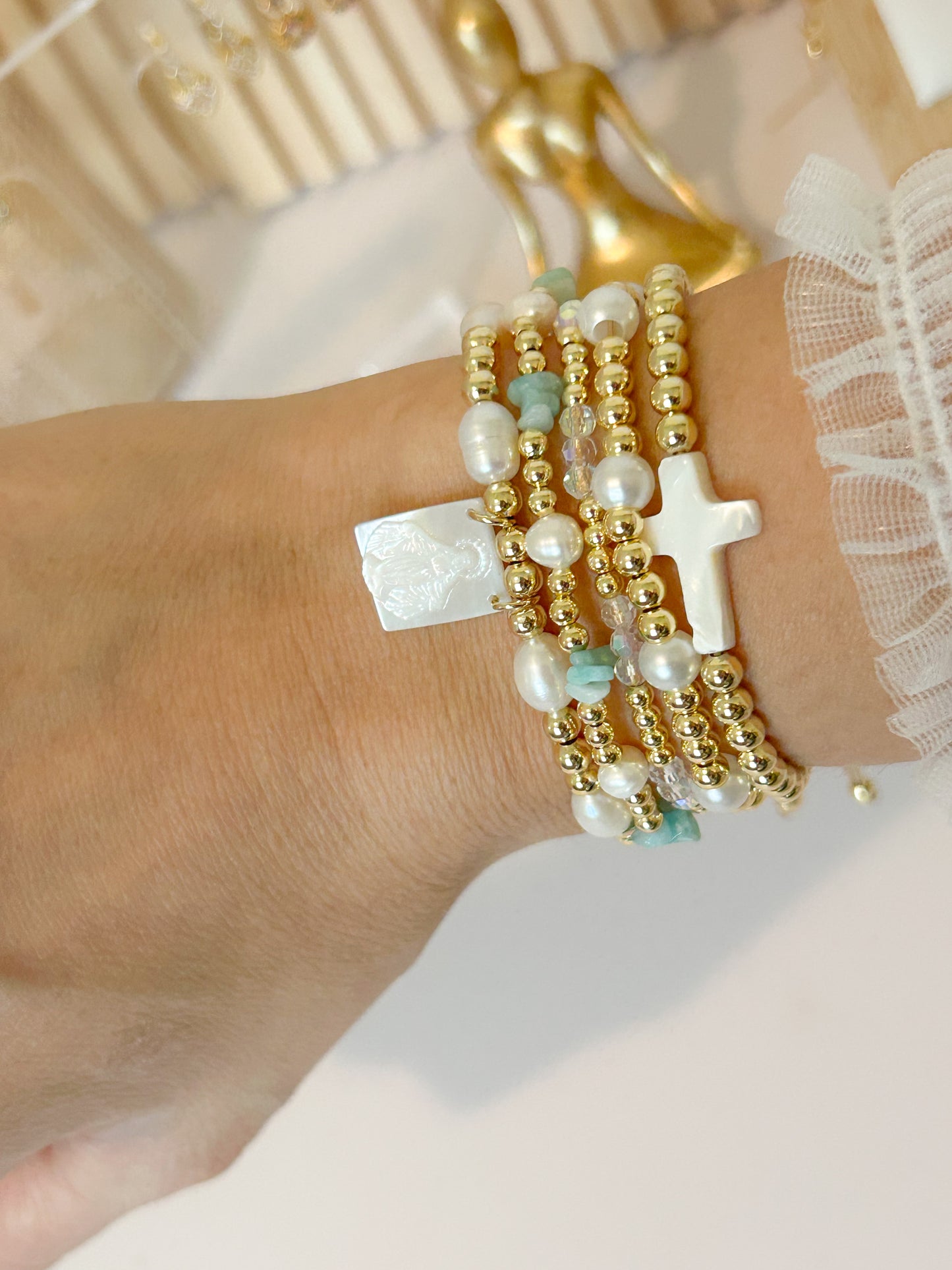 Faith Glow Bracelet Stack – White Cross Beads Everyday Gift