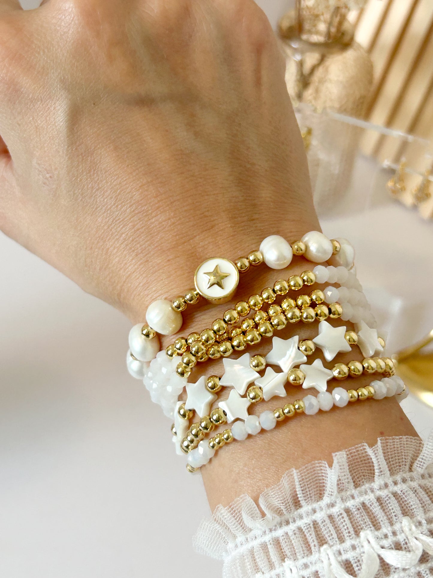 Gloria Star Bracelet Stack – White Gold Beads Everyday Gift