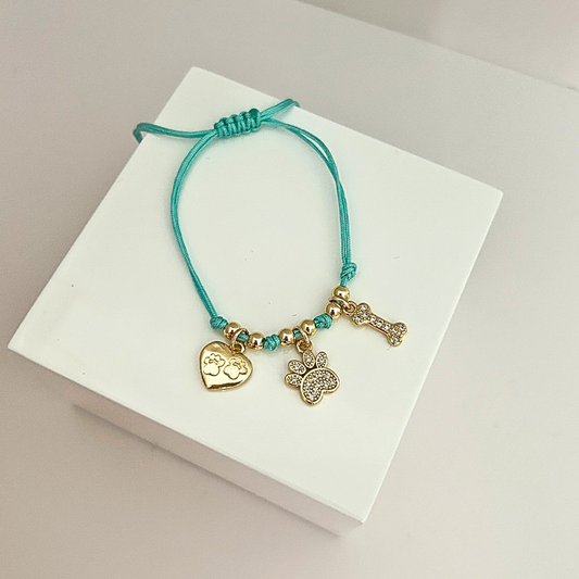 Adjustable turquoise cord bracelet featuring paw print, bone, and heart charms with gold-tone details.