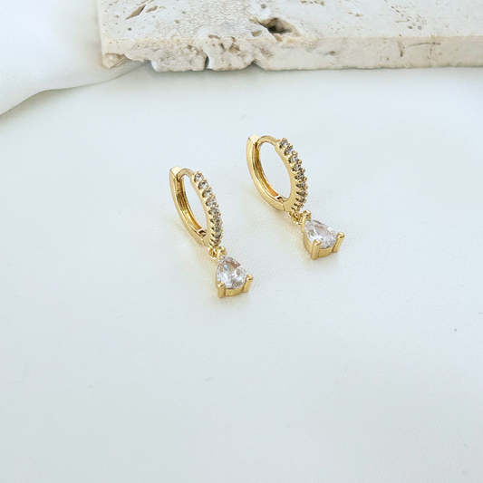 gold huggie earrings with drop stone sparkle dainty elegant style