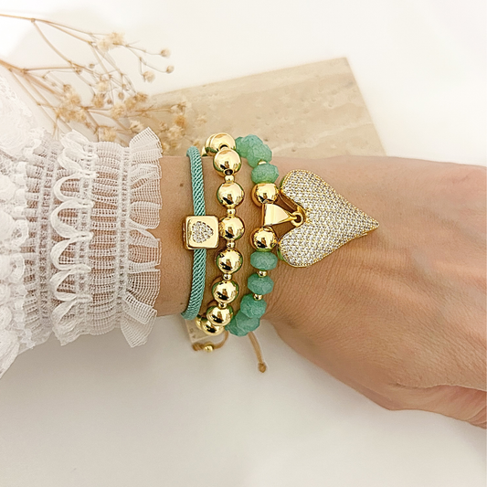 Mint heart bracelet set with mesh cord, gold bead, and heart pendant styles