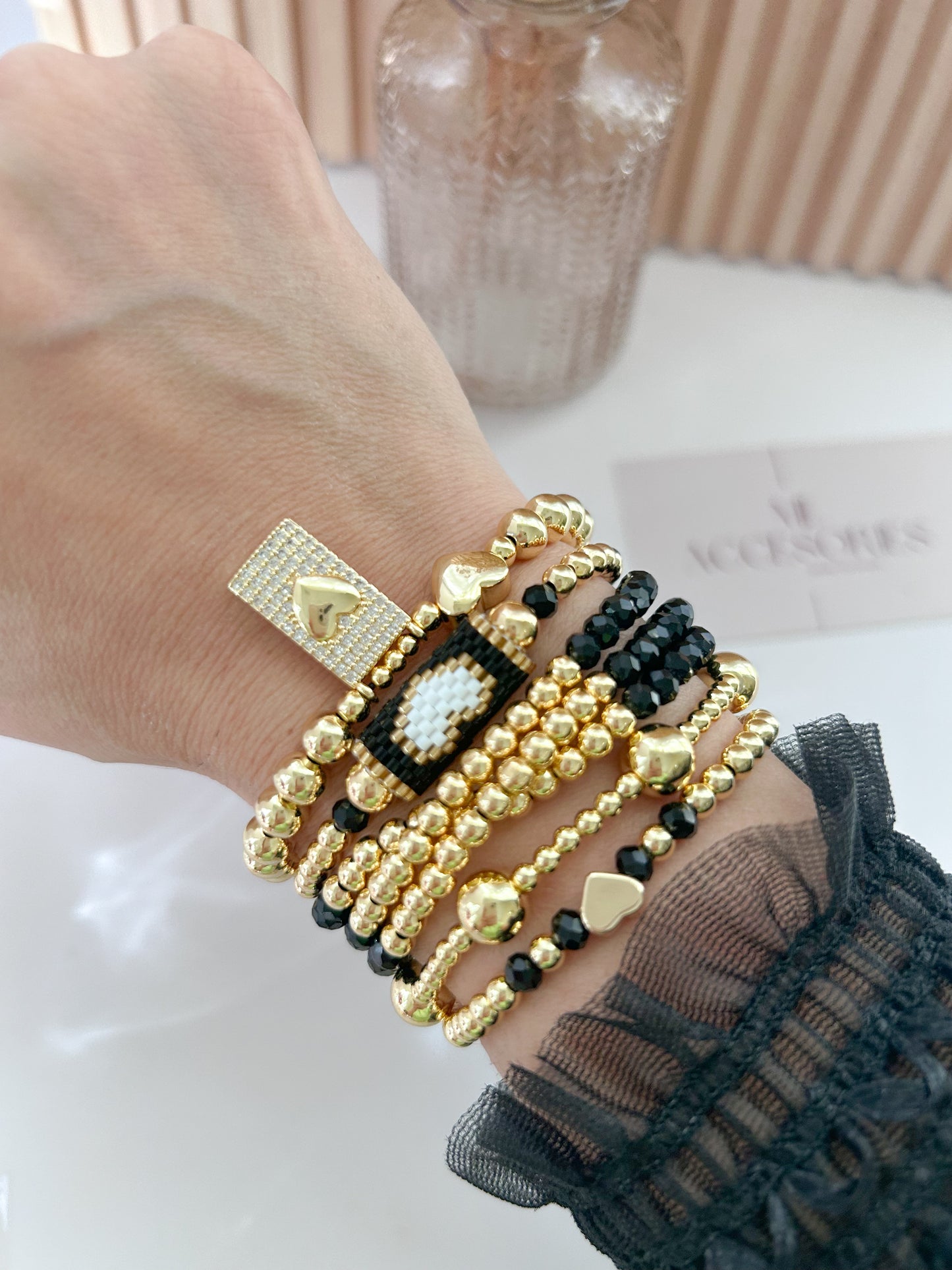 Black & Gold Heart Bracelet Stack – Elegant Everyday Gift for Her