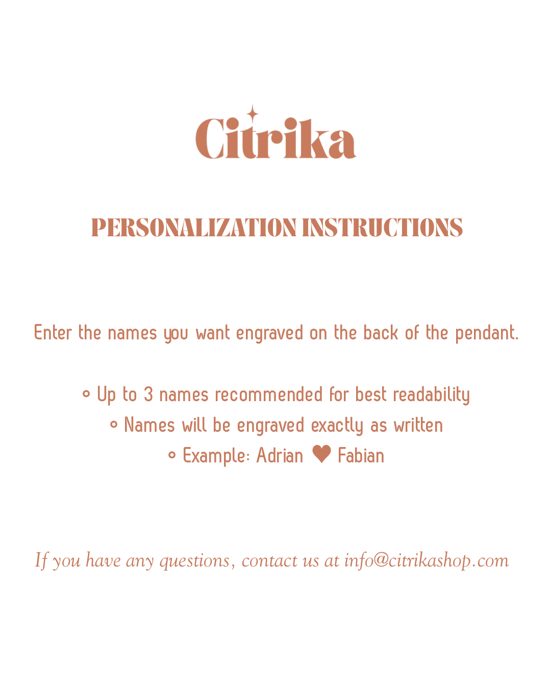 Instructions for personalizing a pendant with names, branded 'Citrika'.