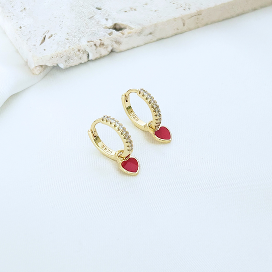 gold huggie earrings with red heart charm dainty romantic style