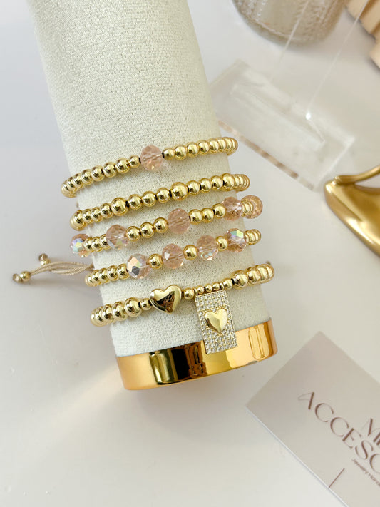 Everyday Pink Bracelet Stack – Gold Beaded Style