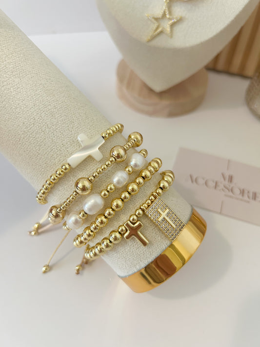 Faith Cross Bracelet Stack – Gold Beaded Religious Jewelry Gift
