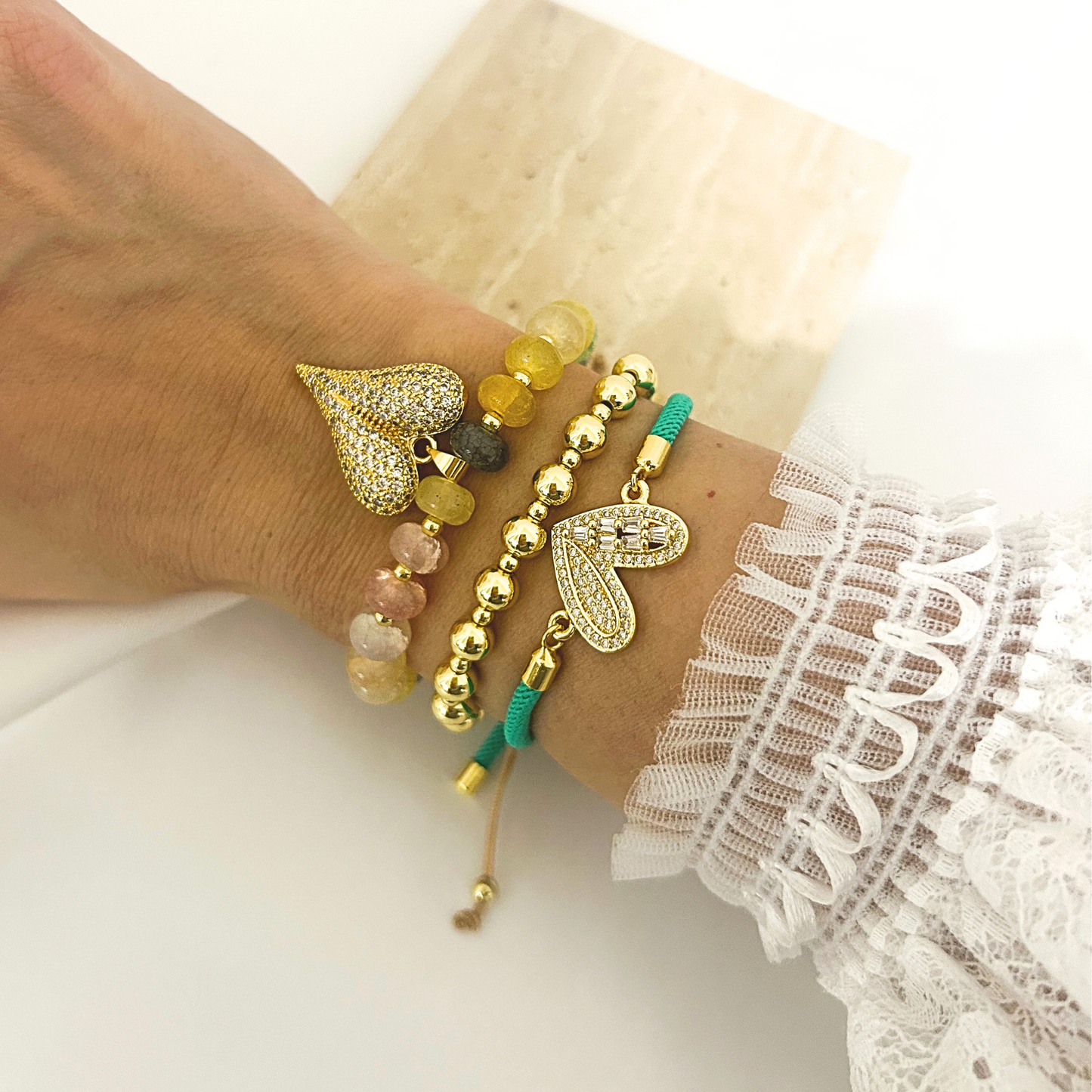 Multicolor glass beaded bracelet with pavé heart pendant