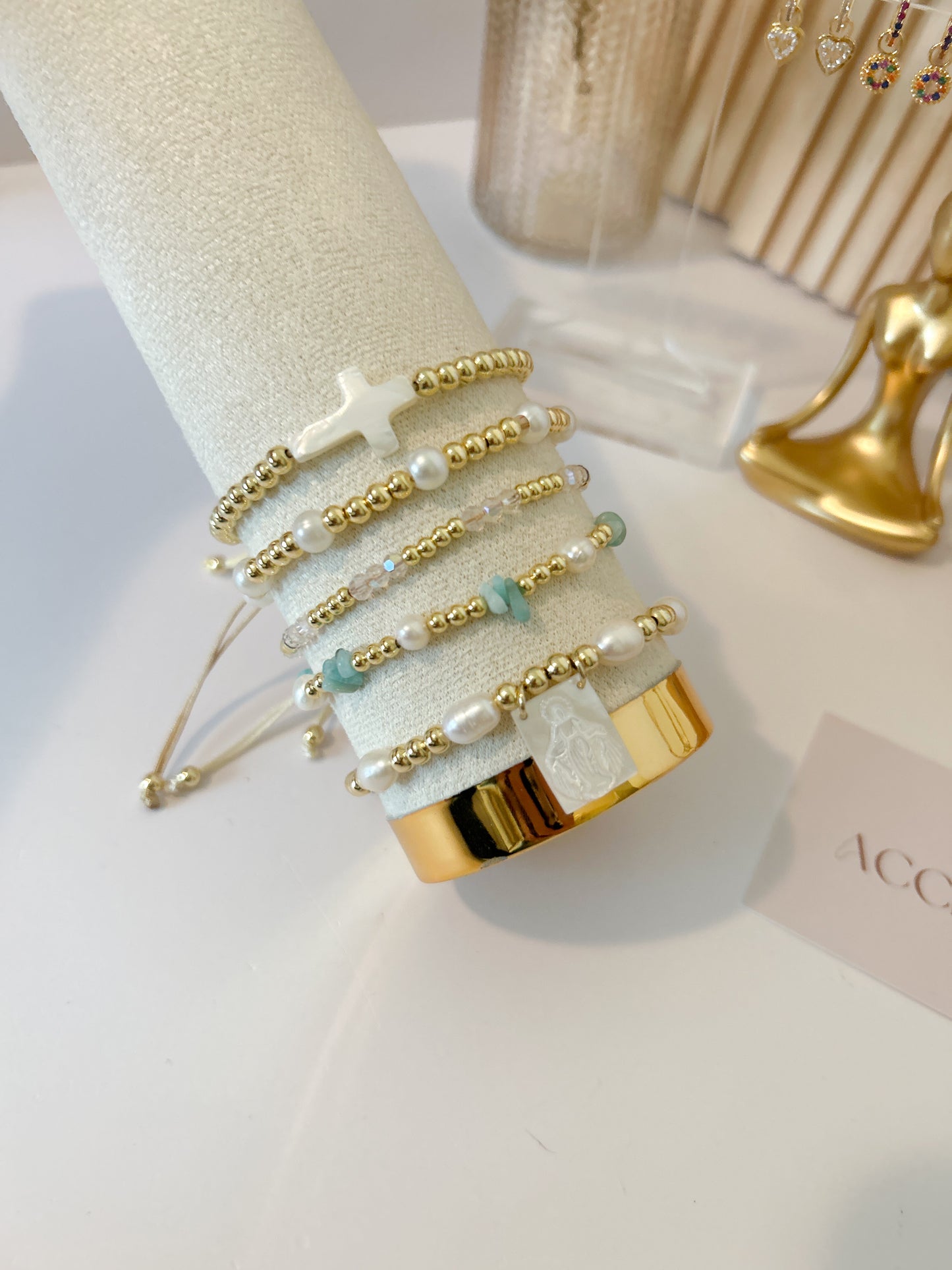 Faith Glow Bracelet Stack – White Cross Beads Everyday Gift