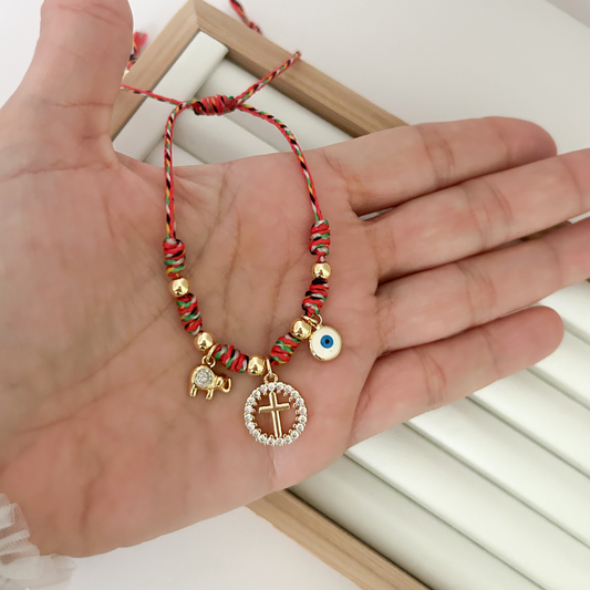 red thread bracelet with evil eye charm, gold and red beaded bracelet, adjustable lucky bracelet, waterproof spiritual jewelry, everyday protection bracelet