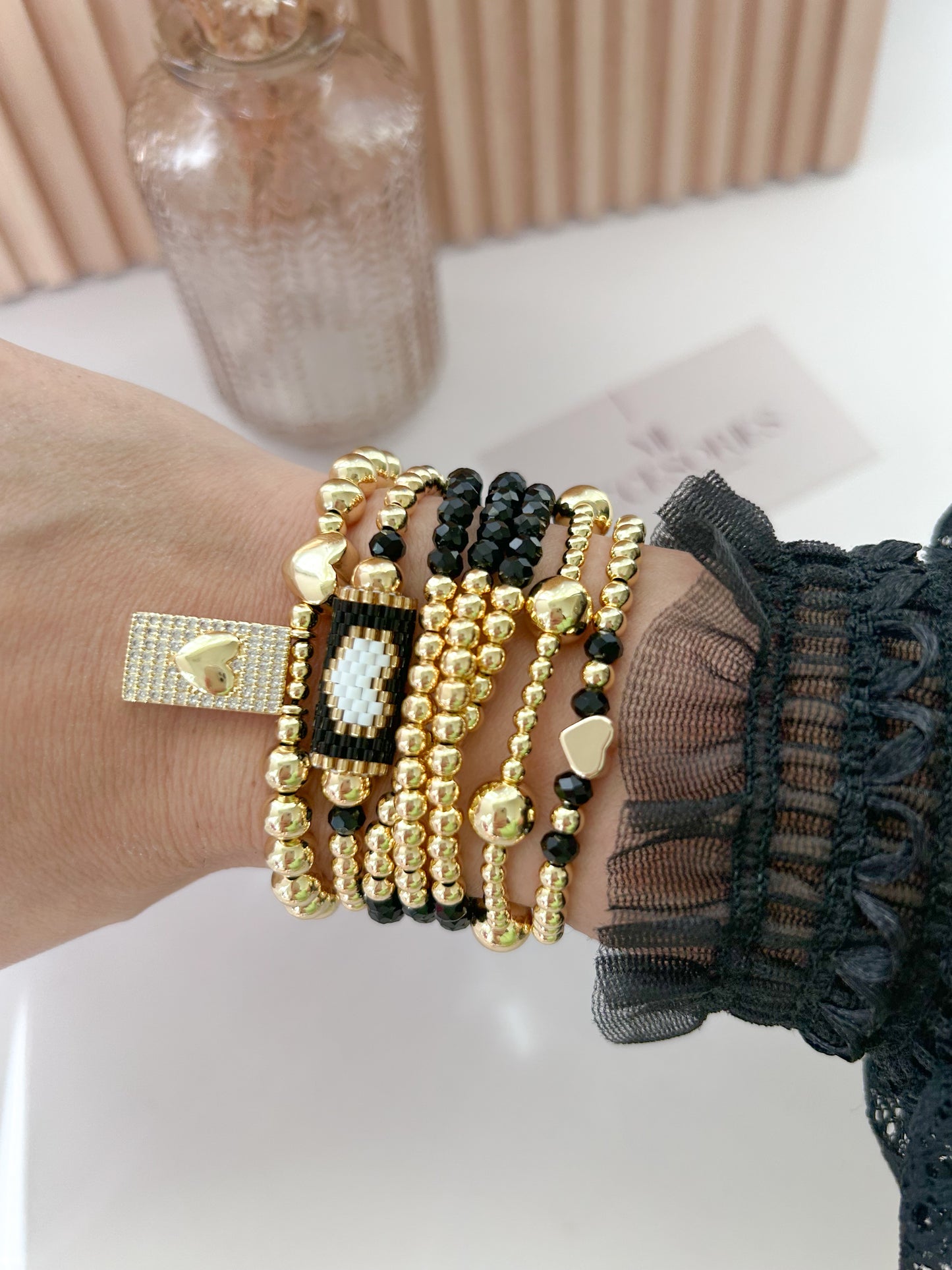 Black & Gold Heart Bracelet Stack – Elegant Everyday Gift for Her