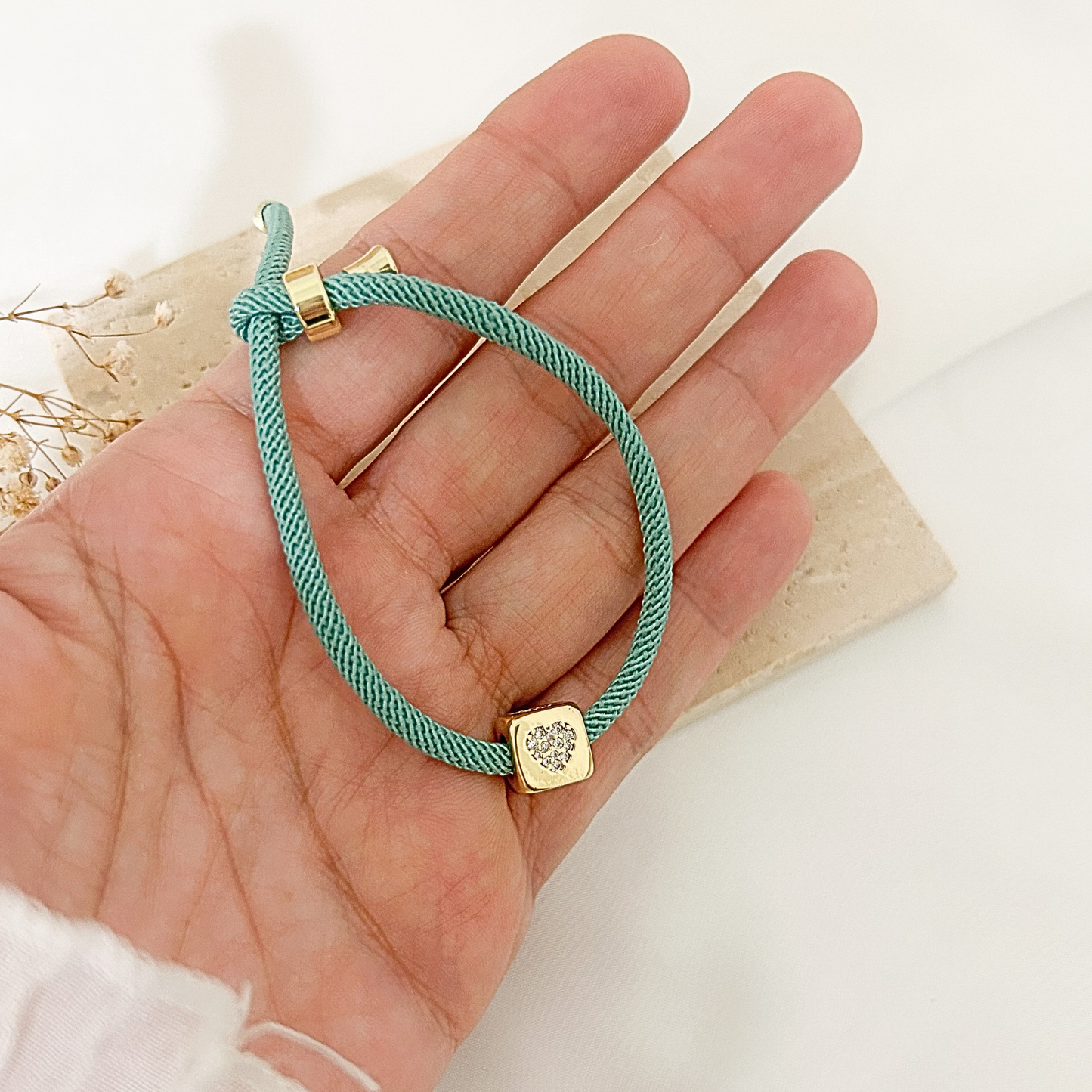 Mint mesh cord bracelet with heart charm