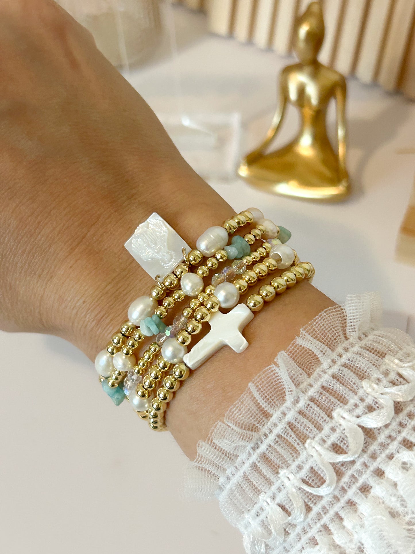 Faith Glow Bracelet Stack – White Cross Beads Everyday Gift