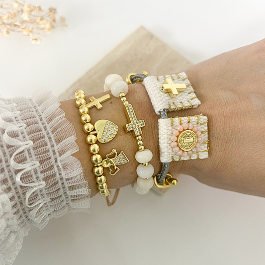 Saint Michael bracelet set with gold bead, white bead, and woven cross bangle styles