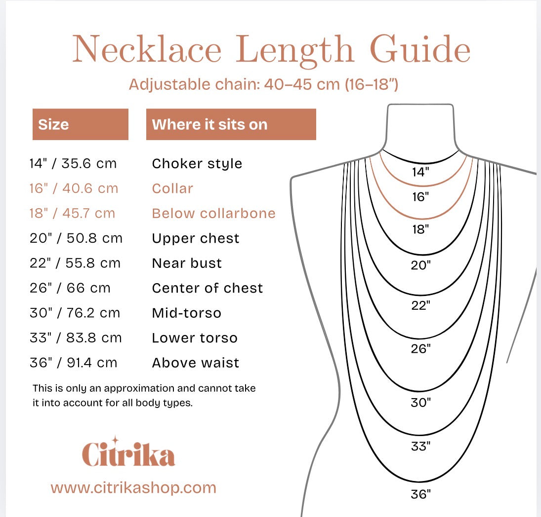 Necklace length guide with measurements and Citrika branding