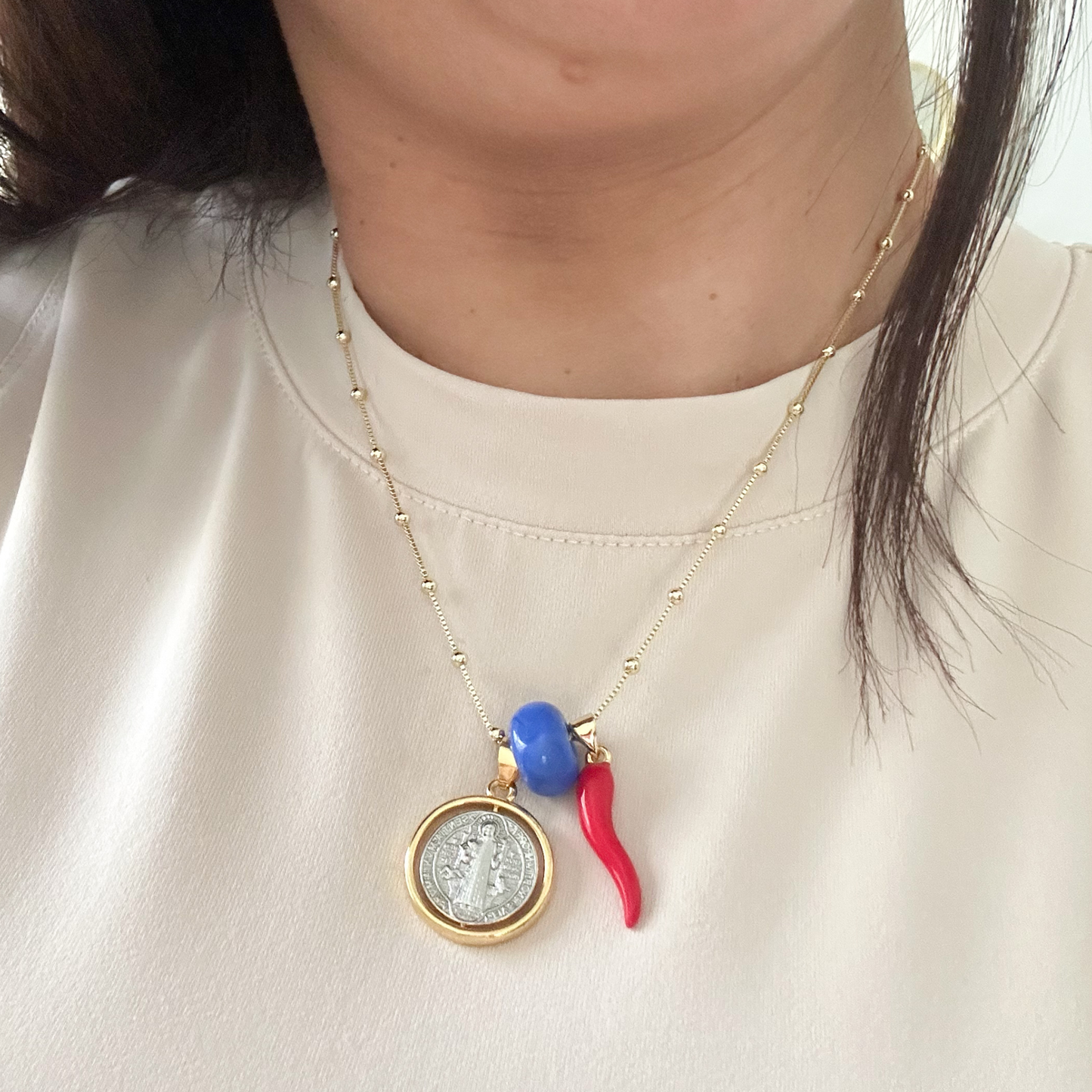Saint Benedict necklace aesthetic, chic protection jewelry, modern layered gold necklace, meaningful spiritual necklace women, dainty religious jewelry gift