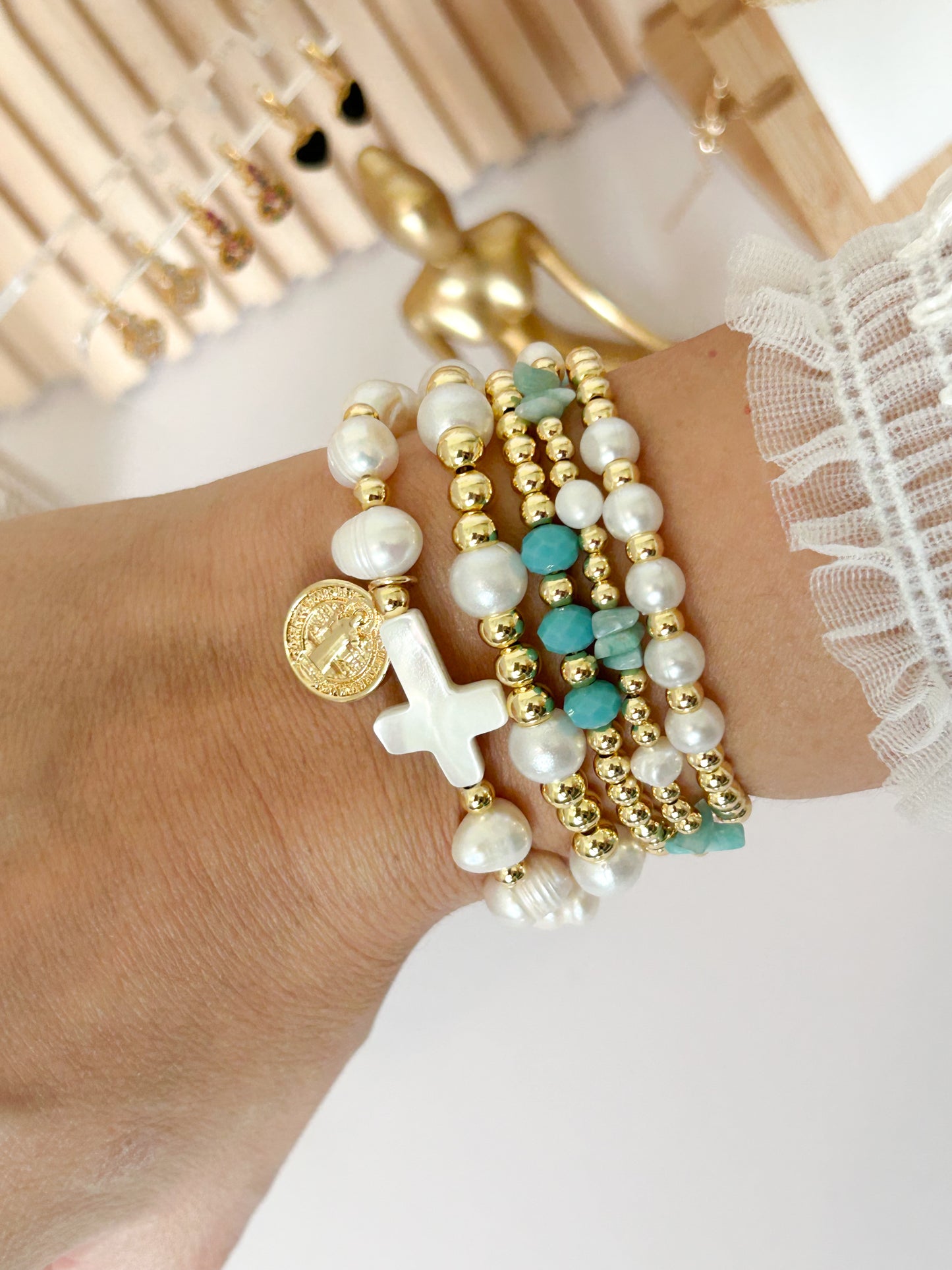 Heaven Glow Bracelet Stack – Faith Gold Beads Everyday Gift
