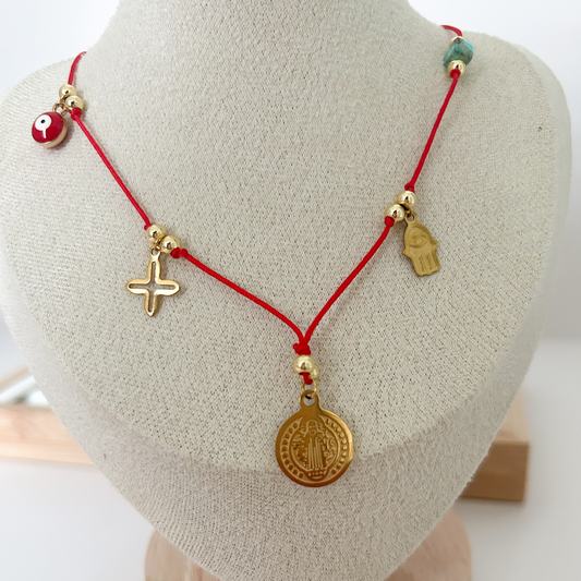 red cord protection necklace layered gold charm necklace