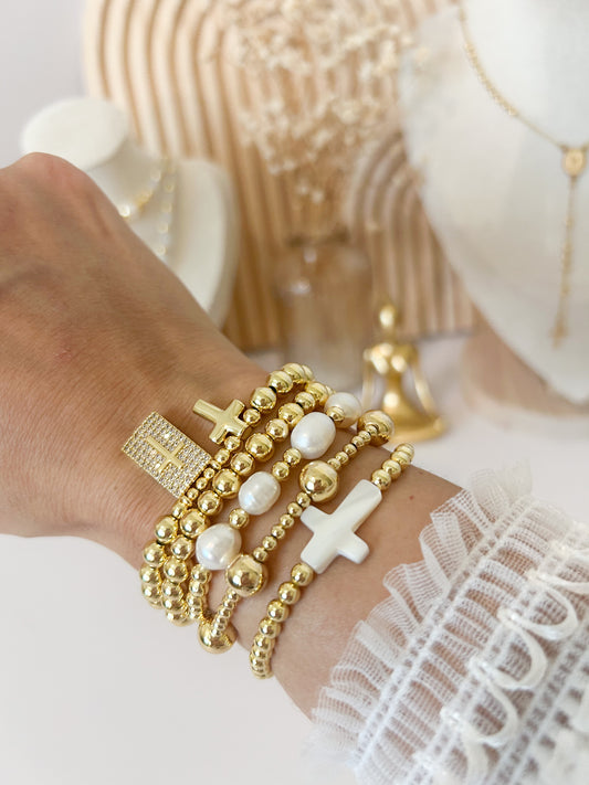 Faith Cross Bracelet Stack – Gold Beaded Religious Jewelry Gift