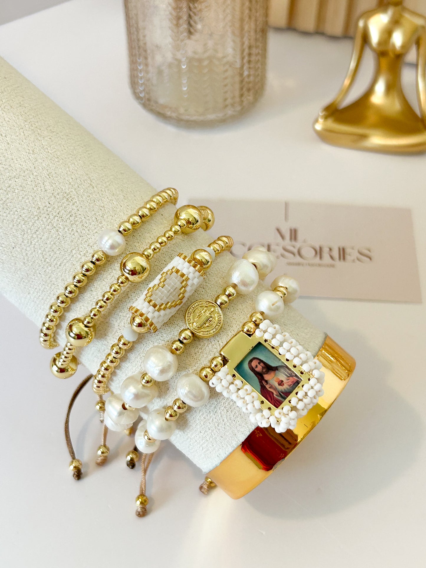Felicia Bracelet Stack – Gold & Pearl Faith Jewelry Gift