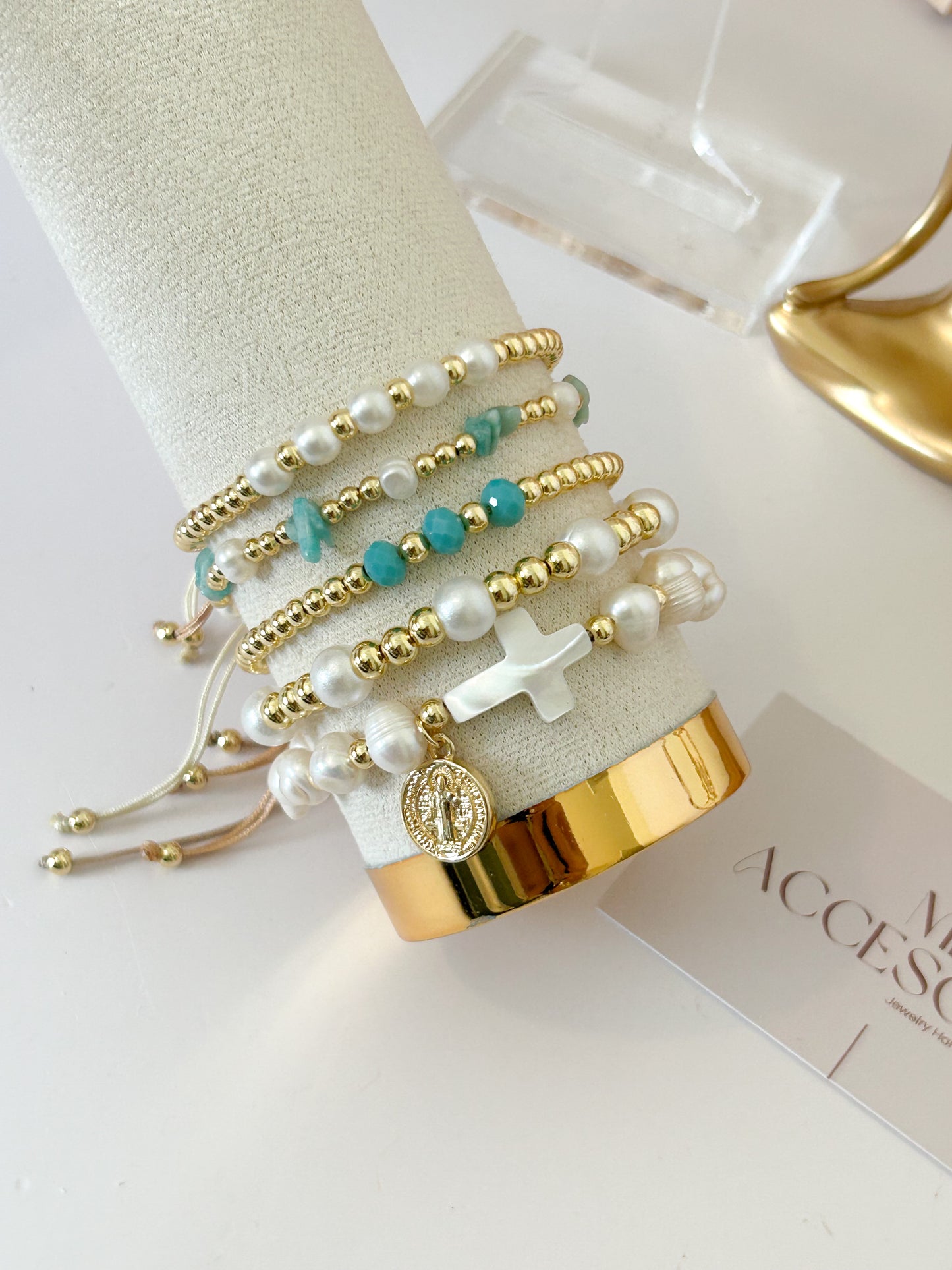 Heaven Glow Bracelet Stack – Faith Gold Beads Everyday Gift