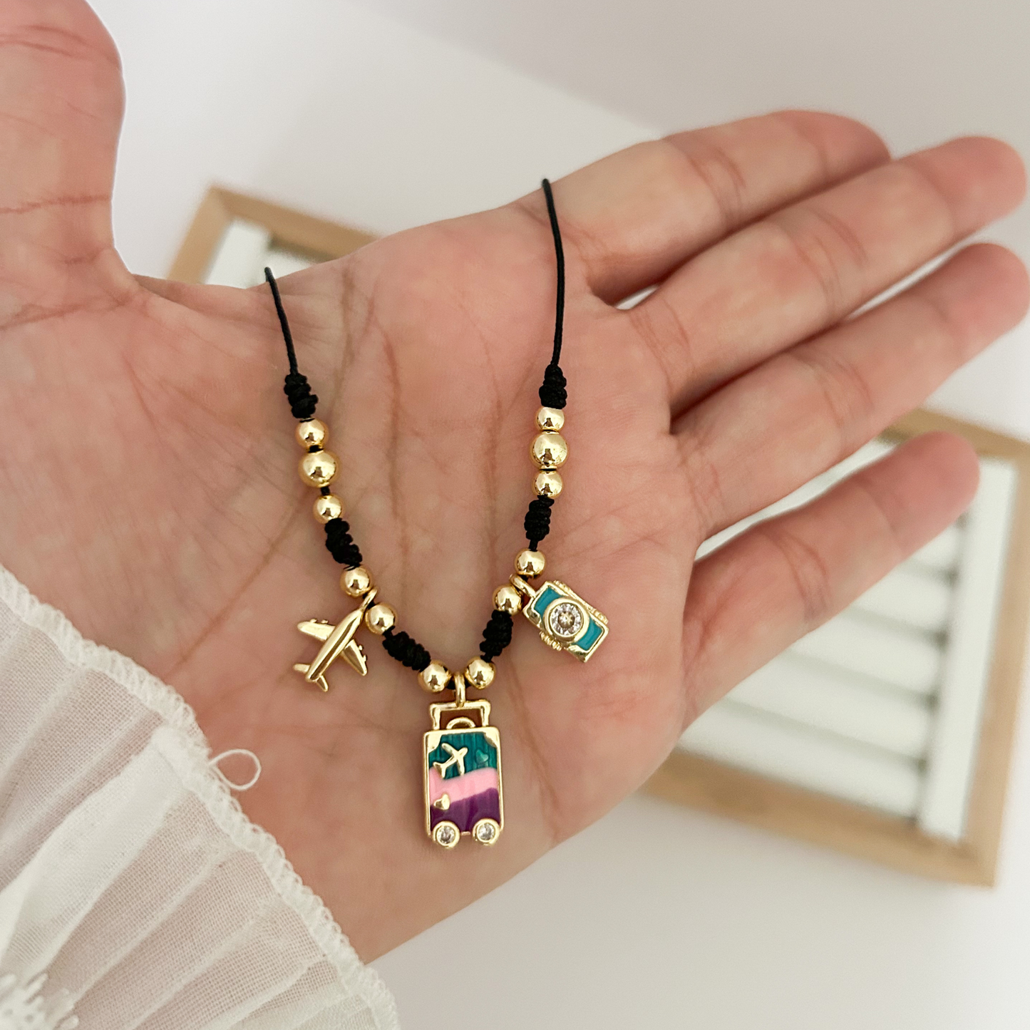 black string necklace with cross and charm details, colorful pendant necklace women, waterproof gold jewelry, minimalist boho necklace, stylish everyday accessory