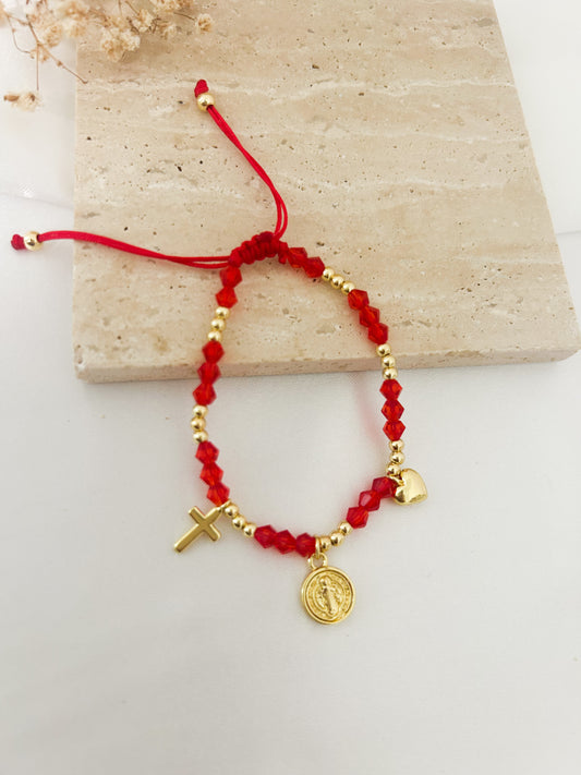 Red San Benito bracelet with crystal beads, cross charm, and heart charm