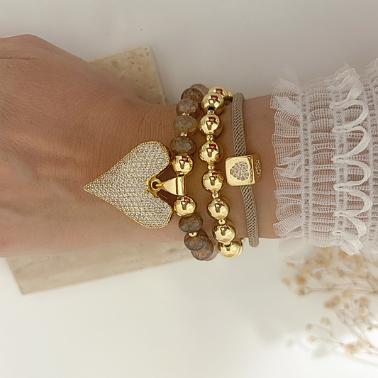 “Held By Grace” stacked bracelet set with mesh cord, faith charm, and pavé heart pendant