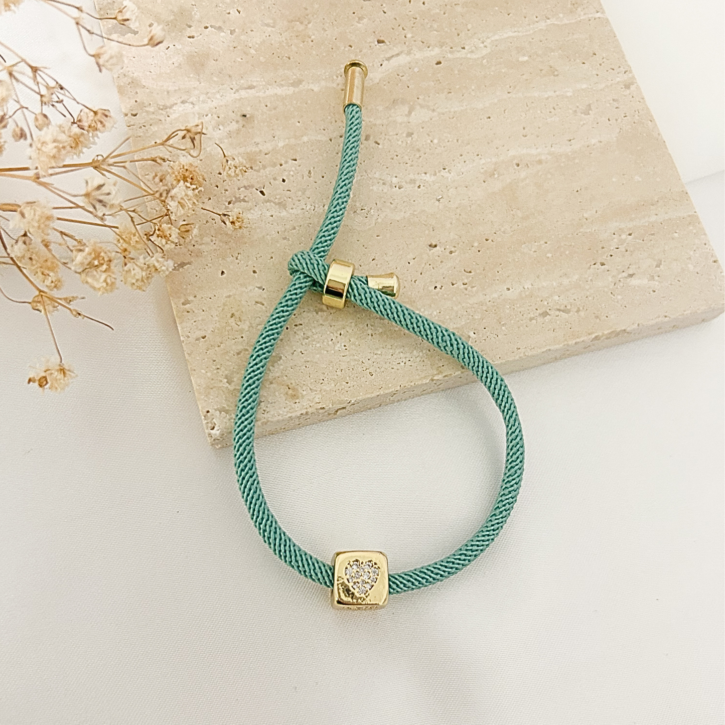 Mint mesh cord bracelet with heart charm