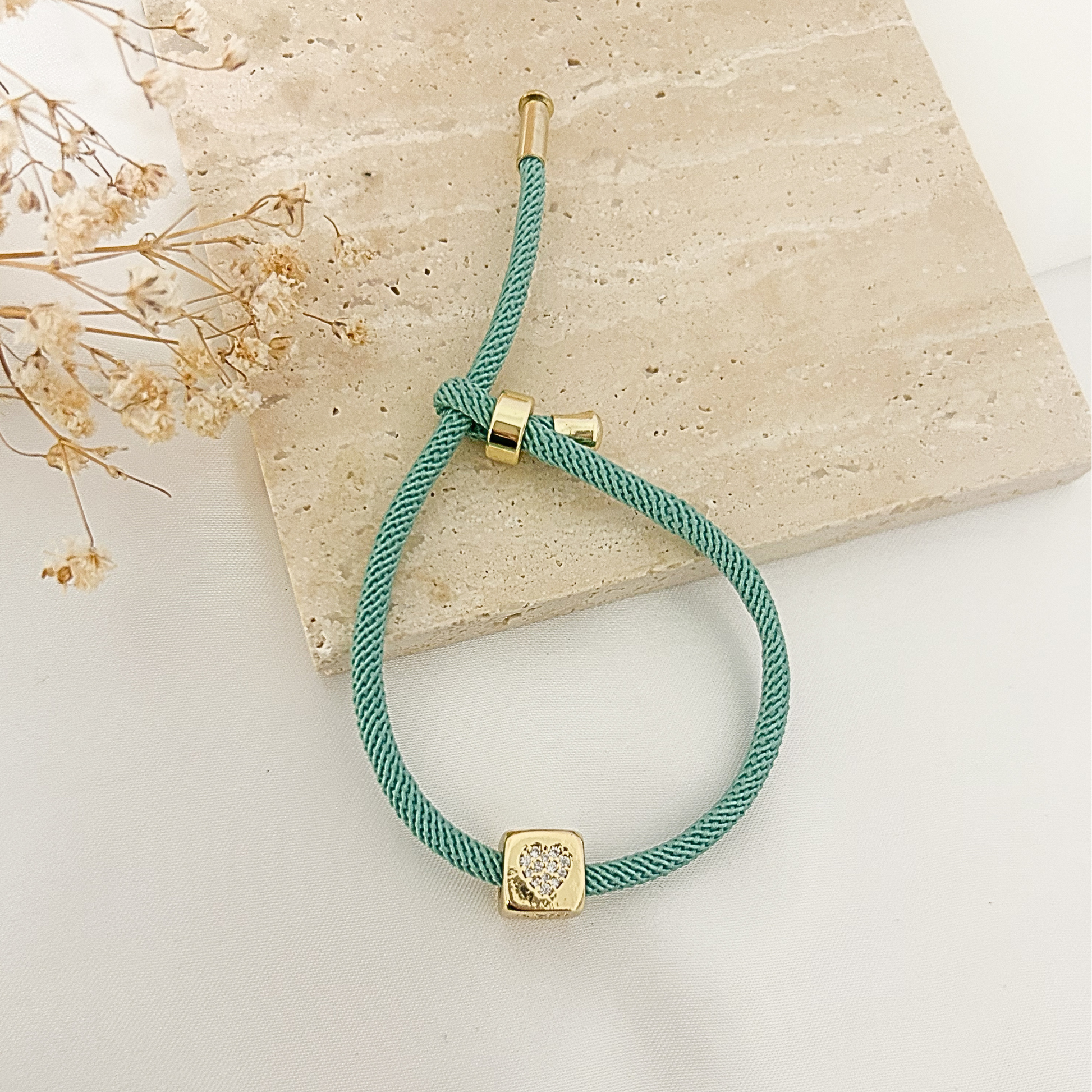 Mint mesh cord bracelet with heart charm