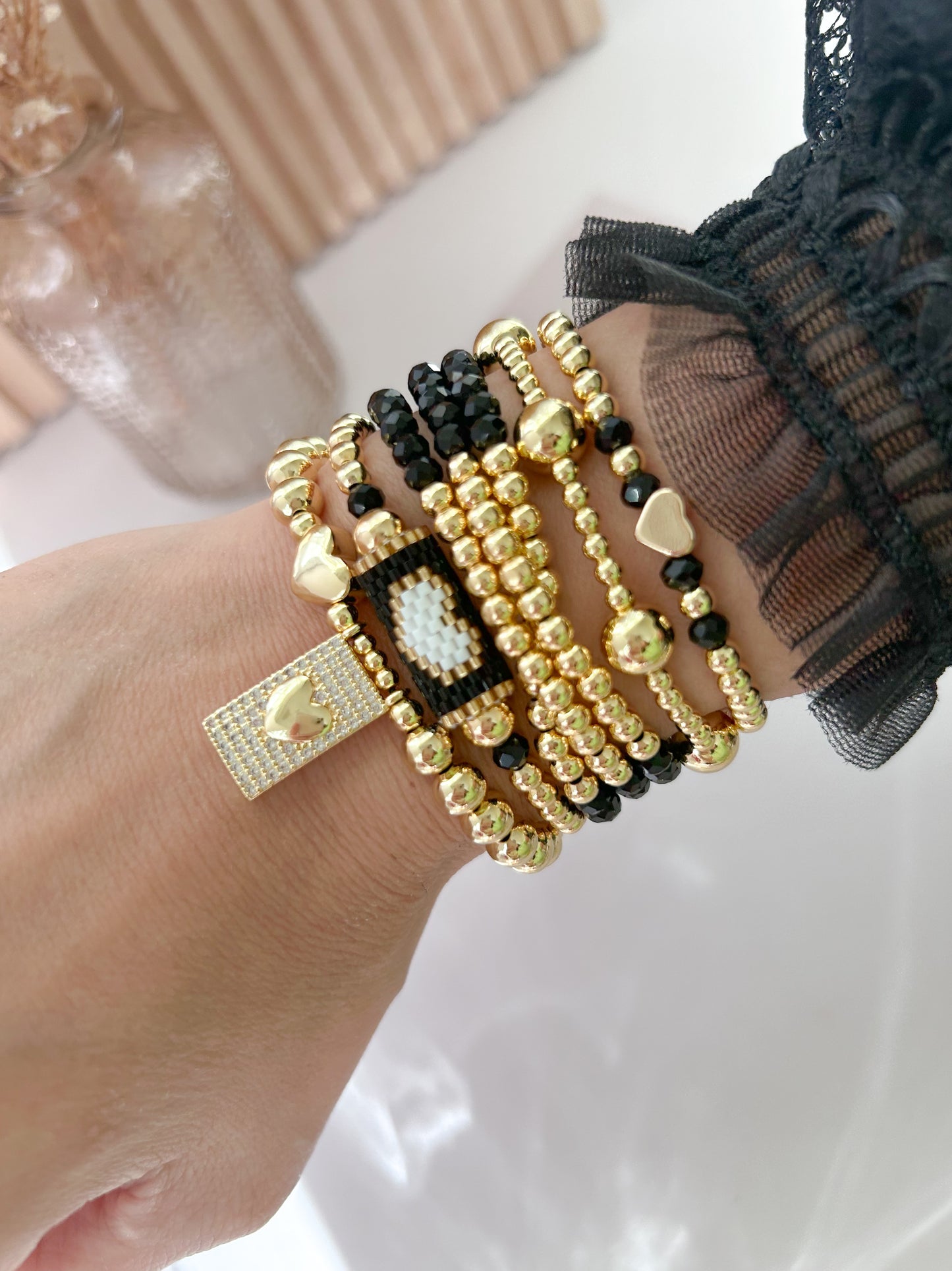 Black & Gold Heart Bracelet Stack – Elegant Everyday Gift for Her