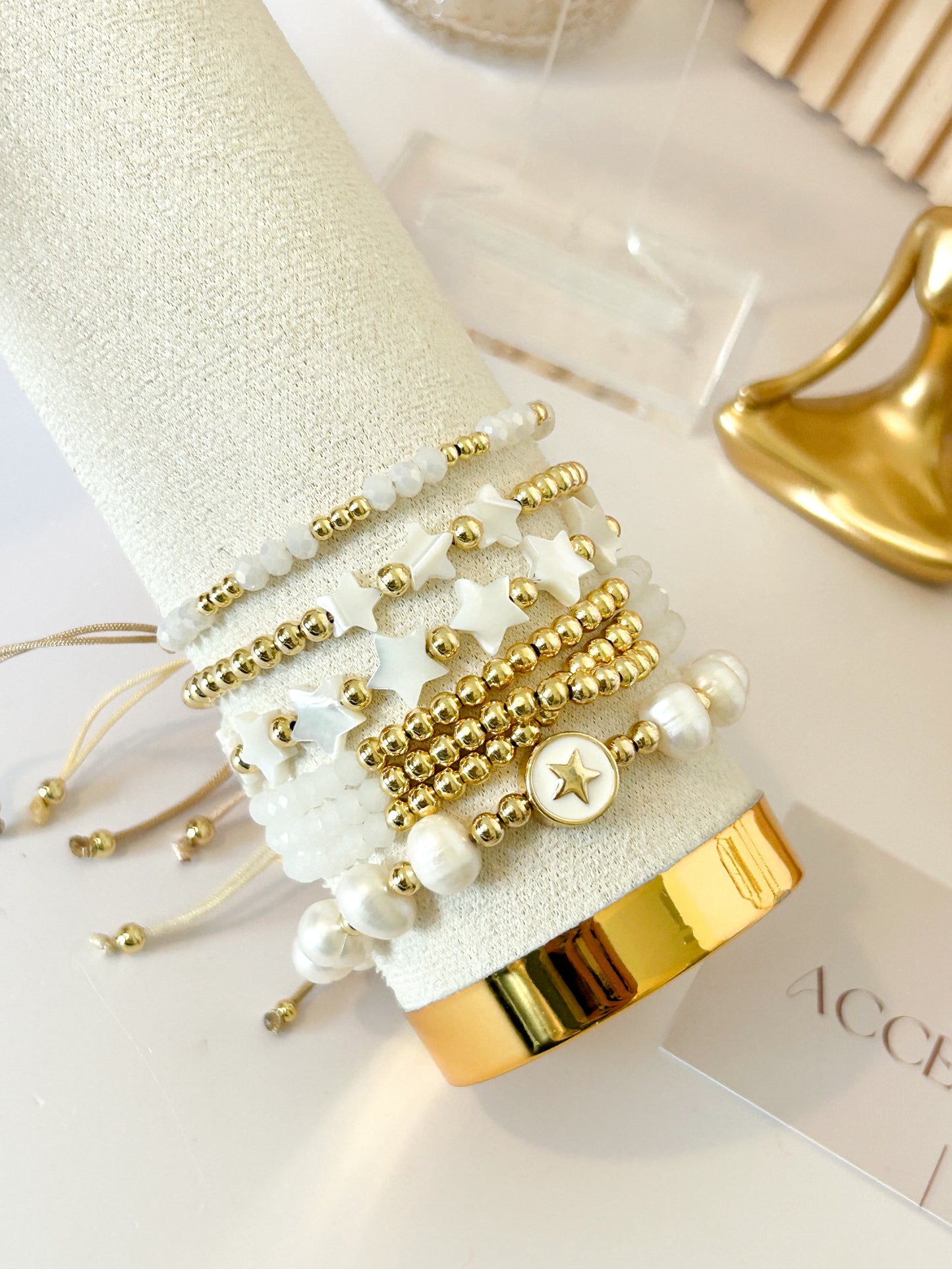 Gloria Star Bracelet Stack – White Gold Beads Everyday Gift