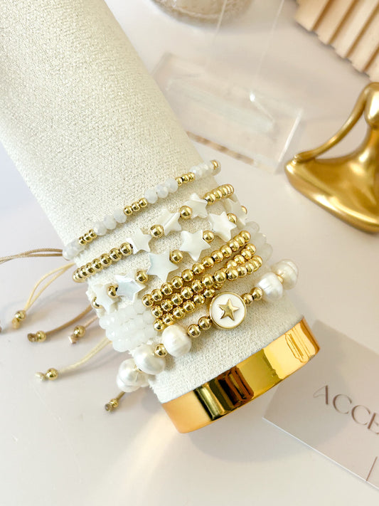 Gloria Star Bracelet Stack – White Gold Beads Everyday Gift