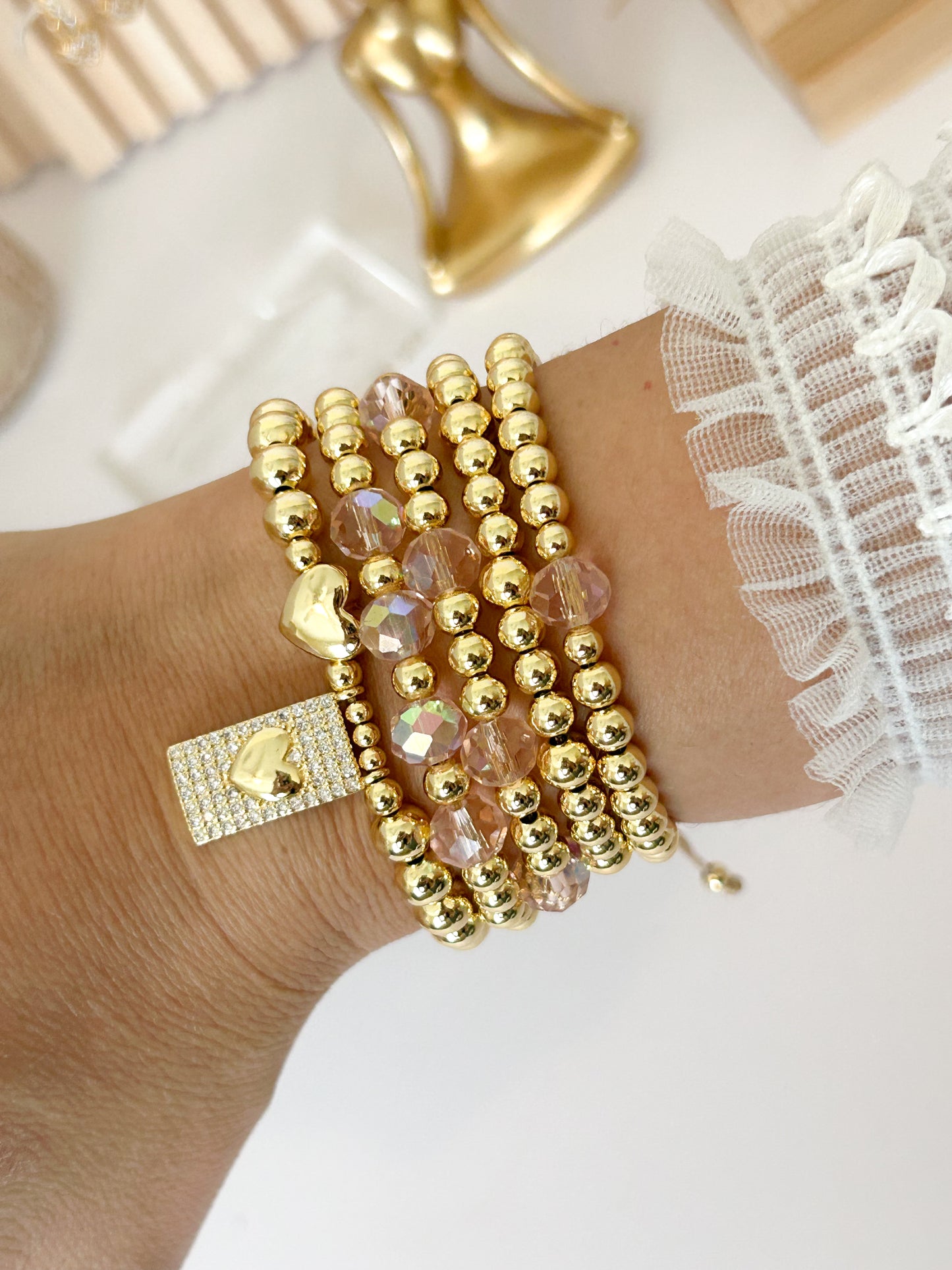 Everyday Pink Bracelet Stack – Gold Beaded Style