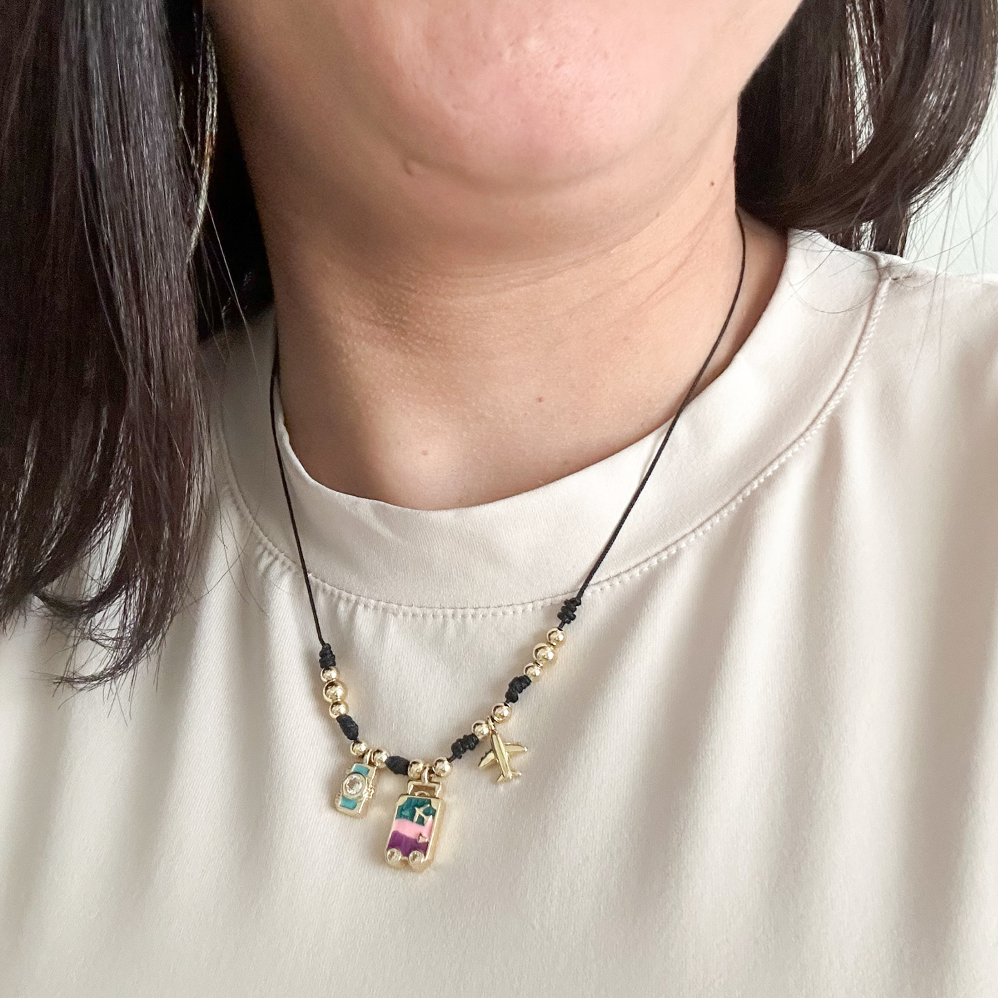 boho charm necklace aesthetic, trendy colorful jewelry, chic black cord necklace, cute statement necklace gift, modern layered necklace women