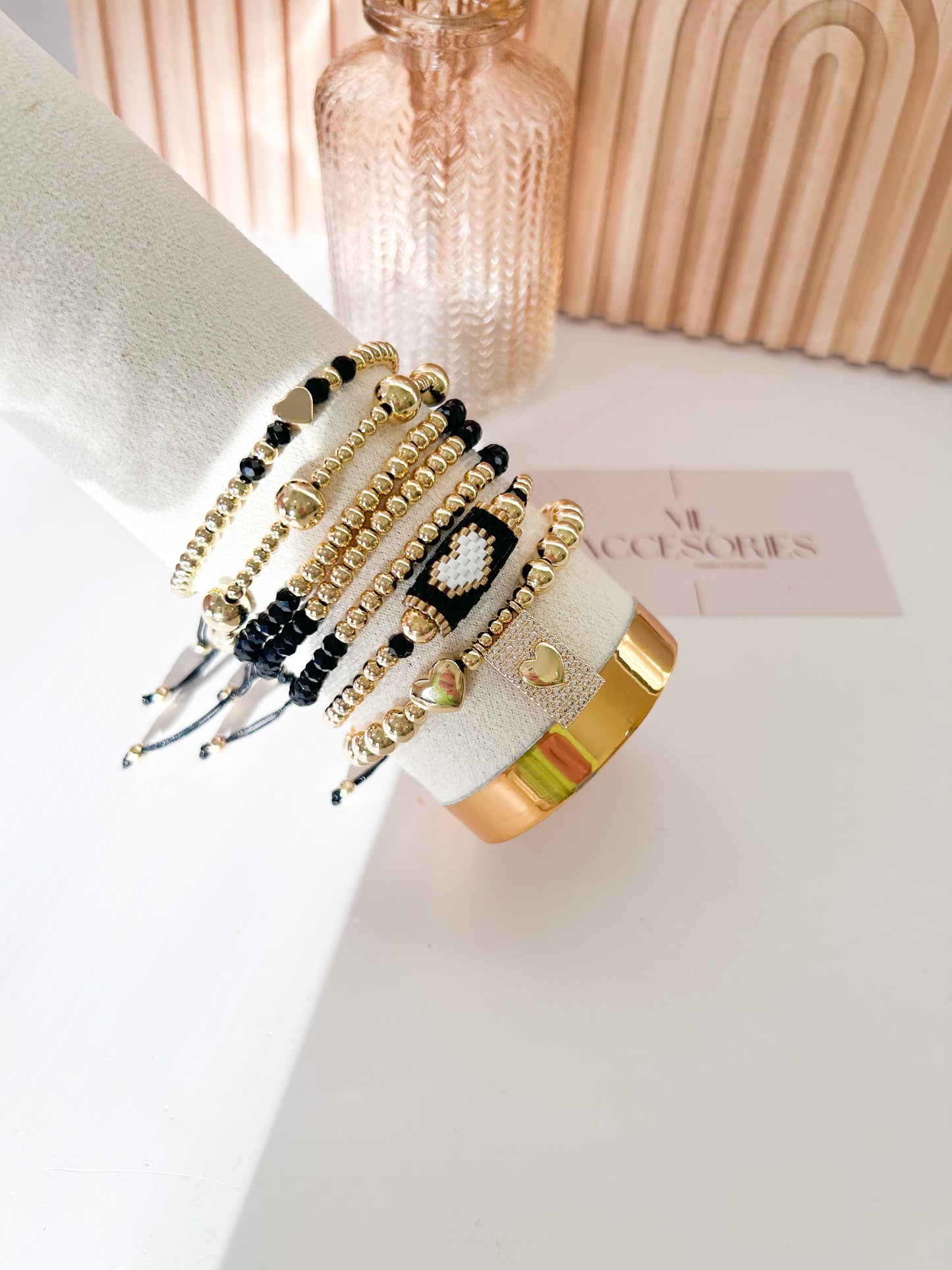 Black & Gold Heart Bracelet Stack – Elegant Everyday Gift for Her