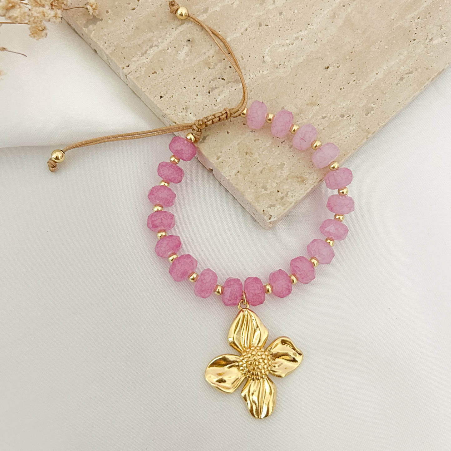 Magenta crystal bracelet with pink flower charm