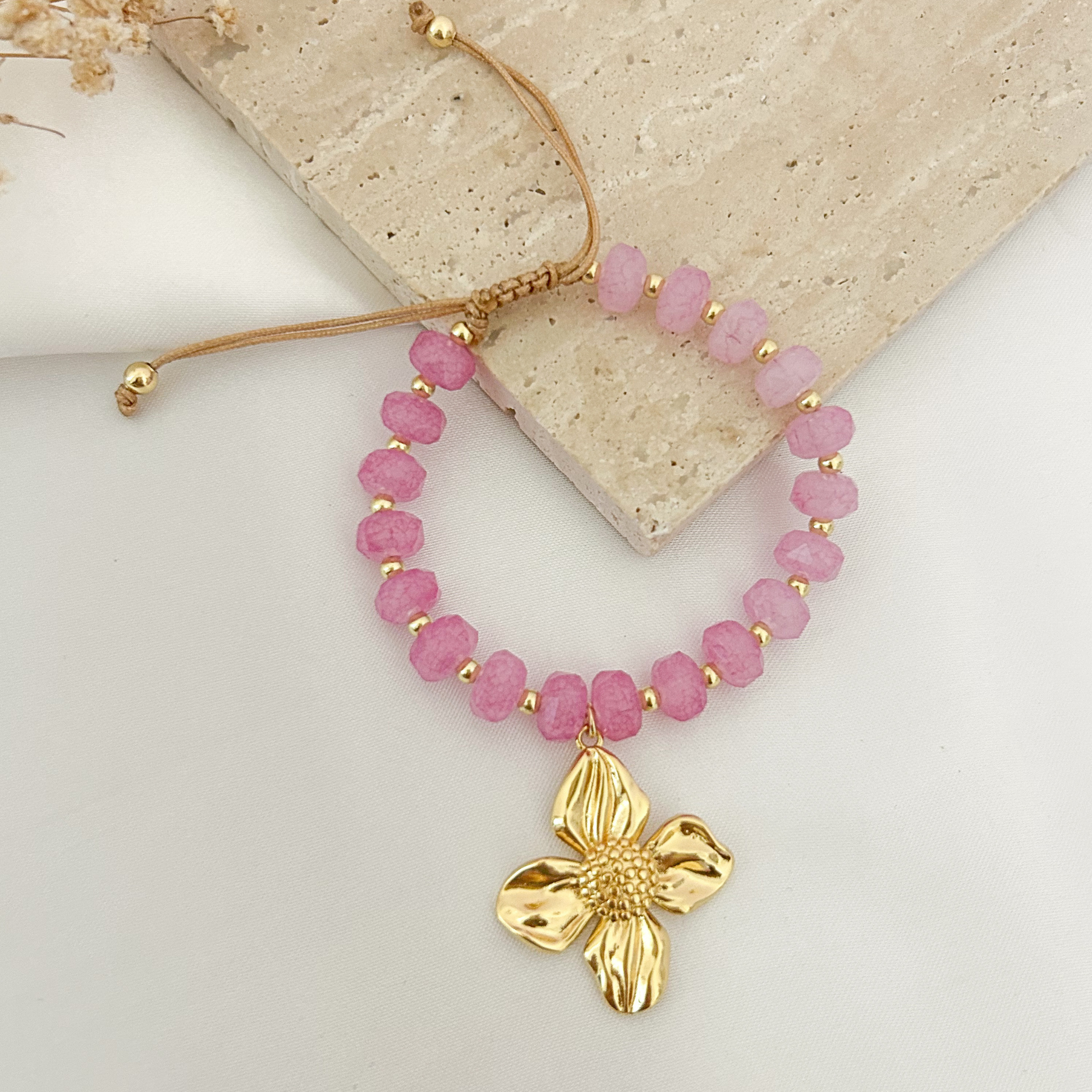 Magenta crystal bracelet with pink flower charm