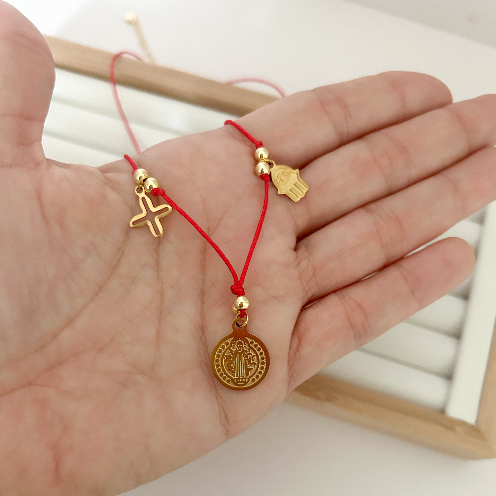   saint benedict red string necklace gold protection charms