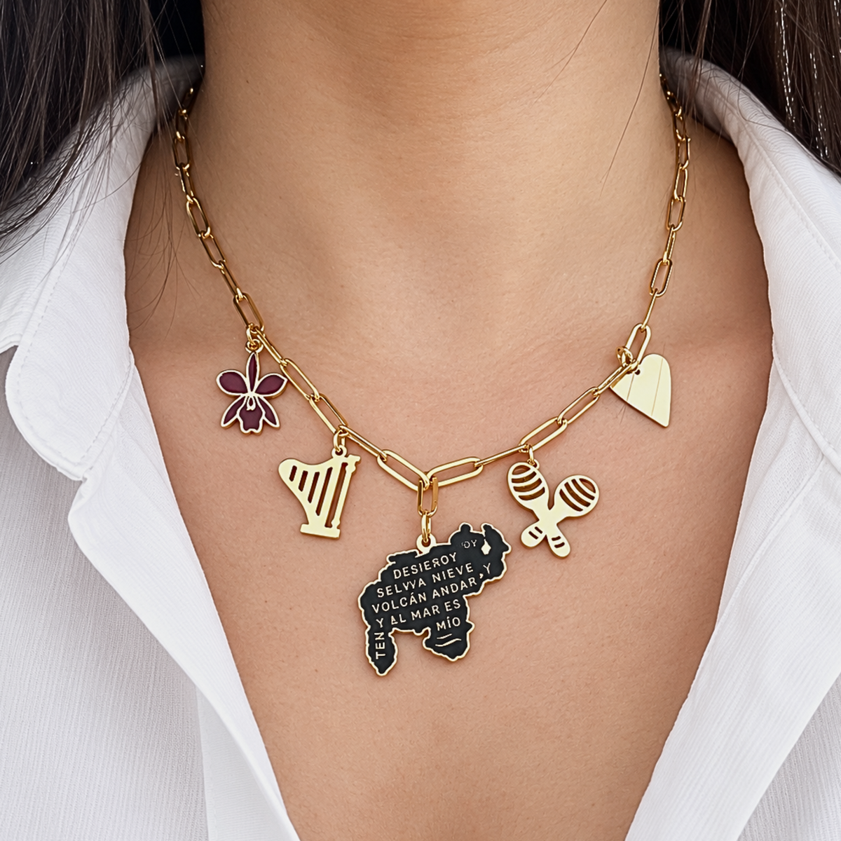 Venezuela charm necklace worn on the neck, close-up of charms